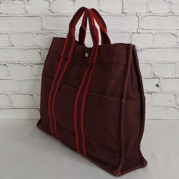 'HERMES-PARIS' 'FOOL TOE BASAS' LARGE PINSTRIPE DOUBLE STRAP CANVAS BAG - Picture 4 of 16